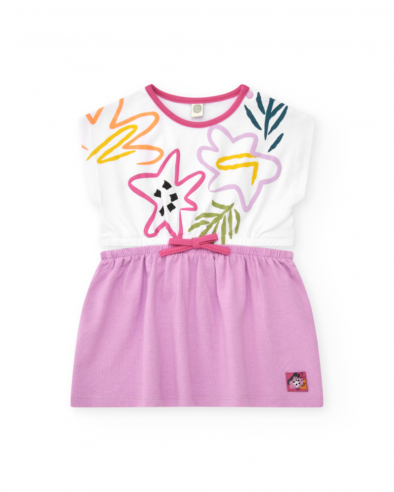 Vestido para niña con top blanco floral y falda lila con lazo
