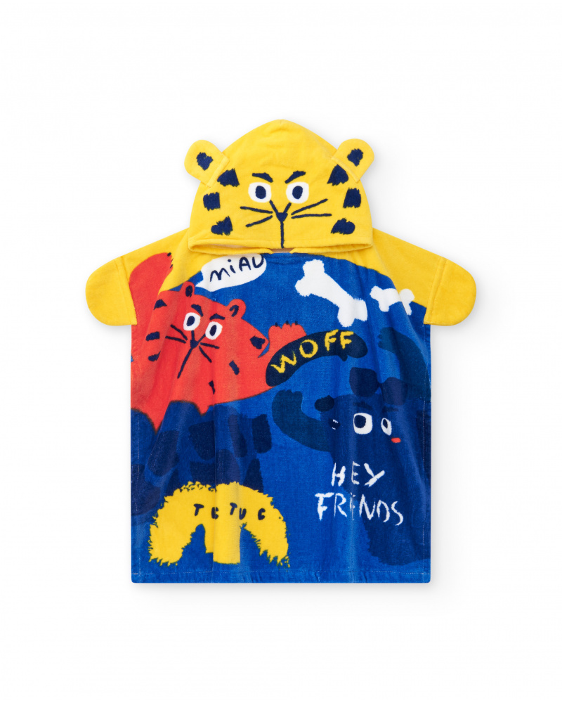 Toalla-poncho para niño en azul y amarillo con capucha de orejas