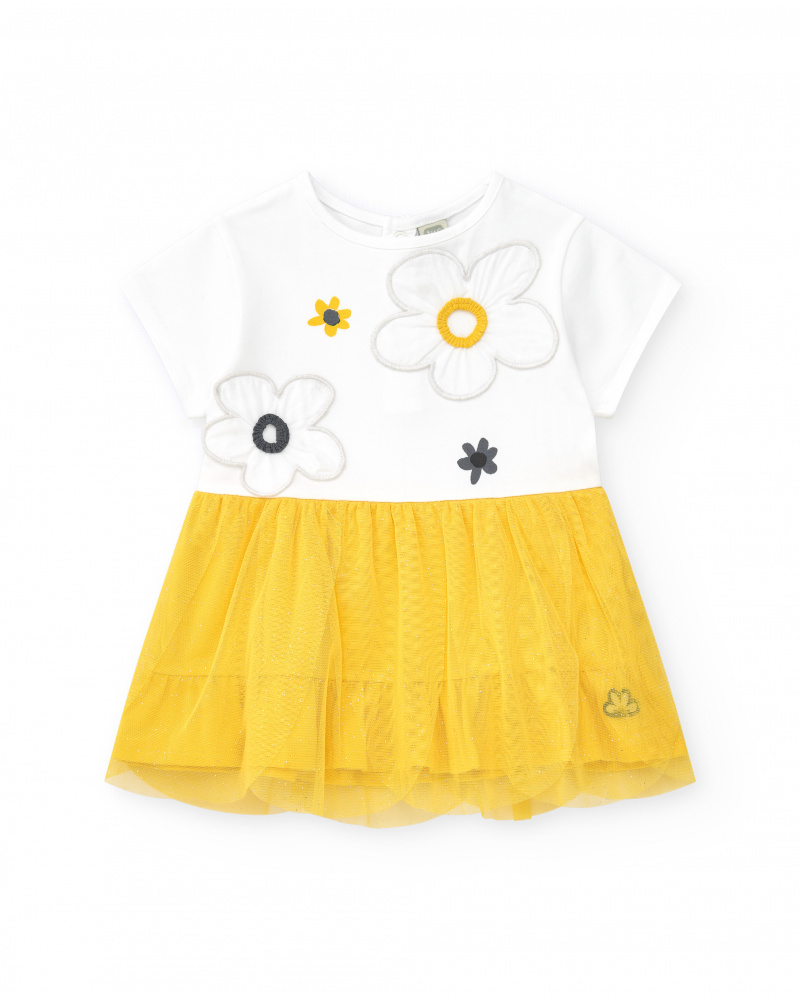 Vestido para niña en blanco y amarillo con flores y falda de tul