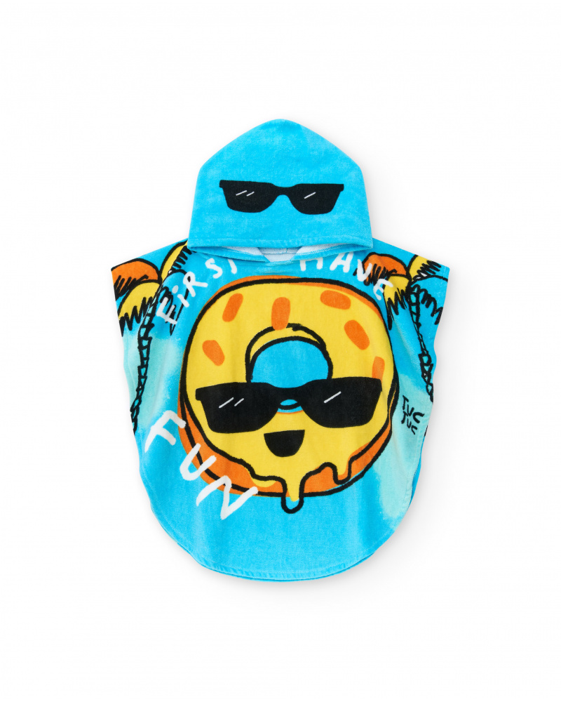 Toalla-poncho para niño en azul con rosquilla y frase "FIRST