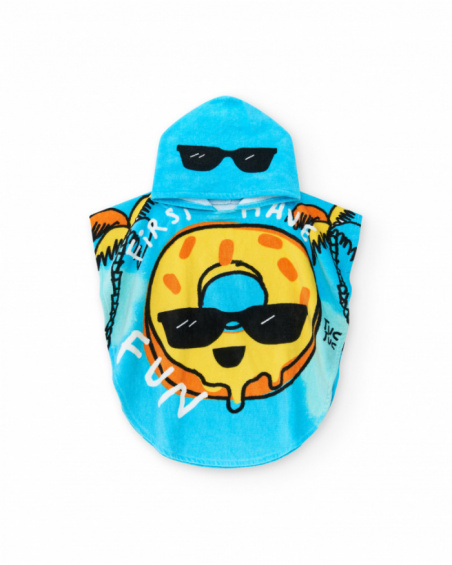 Toalla-poncho para niño en azul con rosquilla y frase "FIRST Toalla-poncho para niño en azul con rosquilla y frase "FIRST