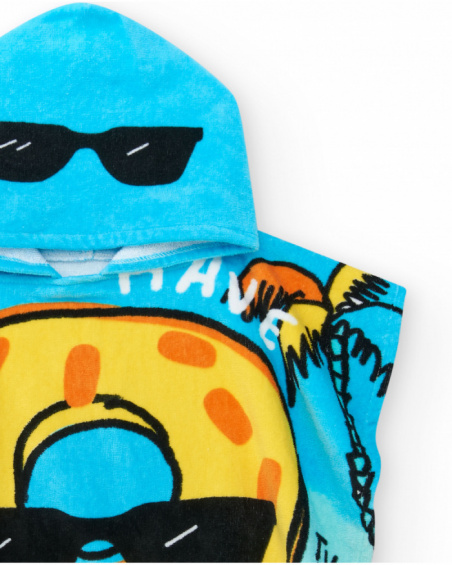 Toalla-poncho para niño en azul con rosquilla y frase "FIRST Toalla-poncho para niño en azul con rosquilla y frase "FIRST