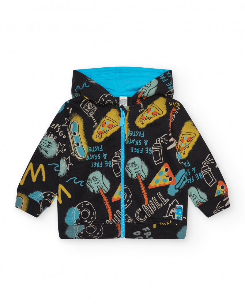 Chaqueta para niño en negro con estampado y capucha