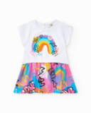 Vestido para niña en rosa con arcoíris y falda fluida Vestido para niña en rosa con arcoíris y falda fluida