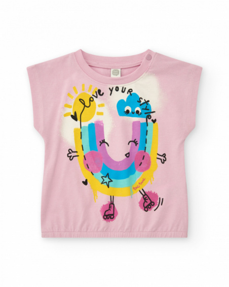 Camiseta para niña en rosa con manga caída y cintura elástica Camiseta para niña en rosa con manga caída y cintura elástica