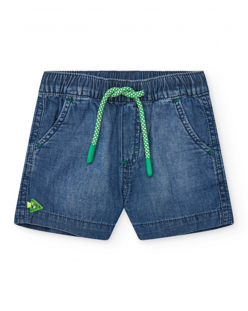 Bermuda denim para niño en azul con pez bordado