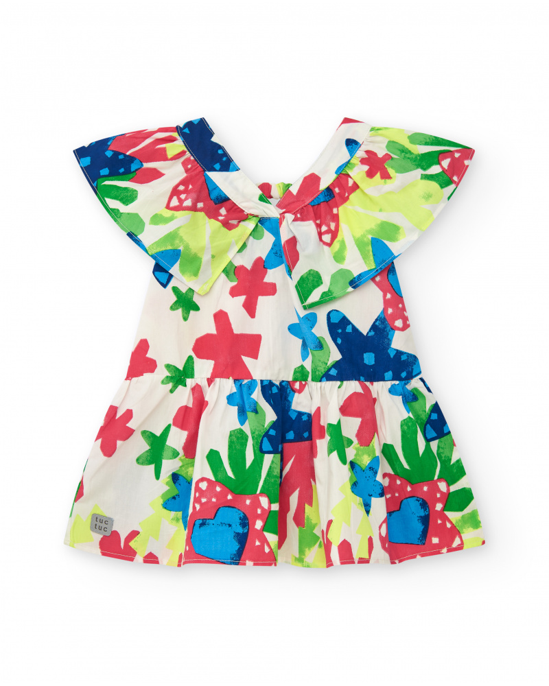 Vestido para niña en blanco con estampado floral y volantes