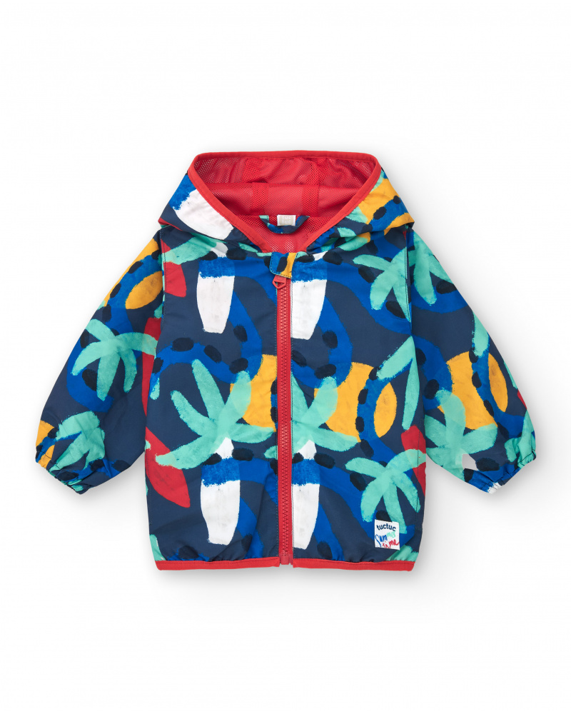 Cortavientos para niño en azul con estampado tropical y capucha