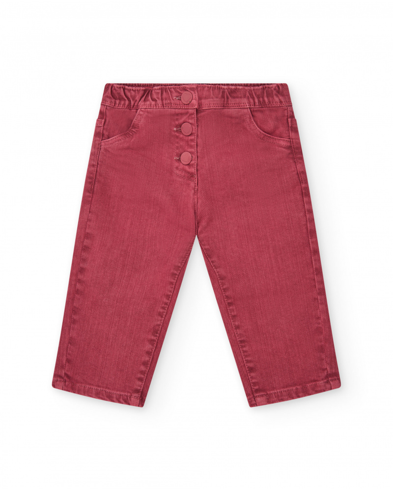 Pantalón largo para niña en rojo con botones y cintura ajustable