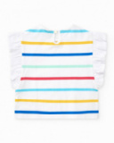Camiseta para niña en blanco con rayas multicolor y volantes Camiseta para niña en blanco con rayas multicolor y volantes