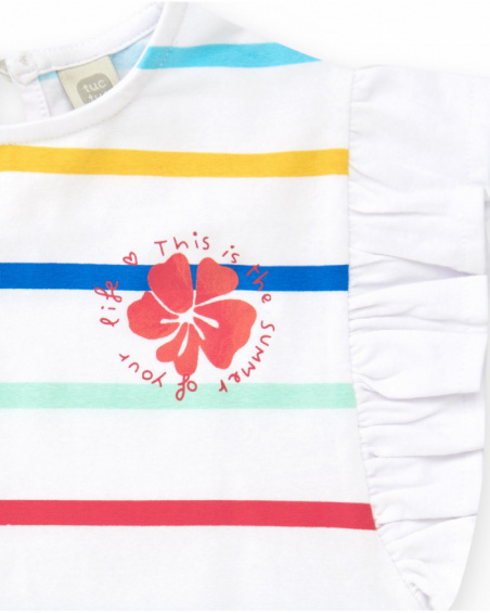Camiseta para niña en blanco con rayas multicolor y volantes Camiseta para niña en blanco con rayas multicolor y volantes