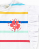 Camiseta para niña en blanco con rayas multicolor y volantes Camiseta para niña en blanco con rayas multicolor y volantes