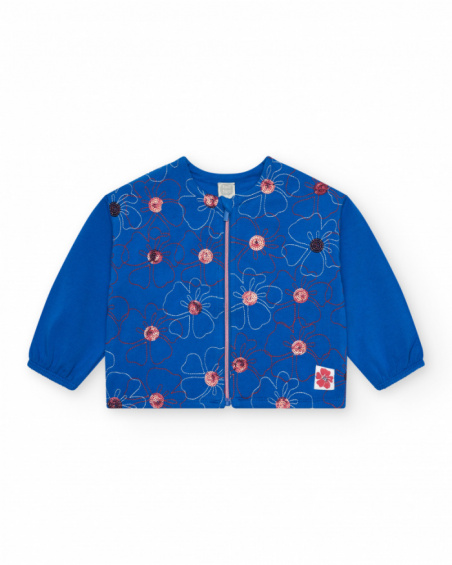 Chaqueta de felpa para niña en azul con flores bordadas y Chaqueta de felpa para niña en azul con flores bordadas y