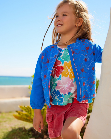 Chaqueta de felpa para niña en azul con flores bordadas y Chaqueta de felpa para niña en azul con flores bordadas y