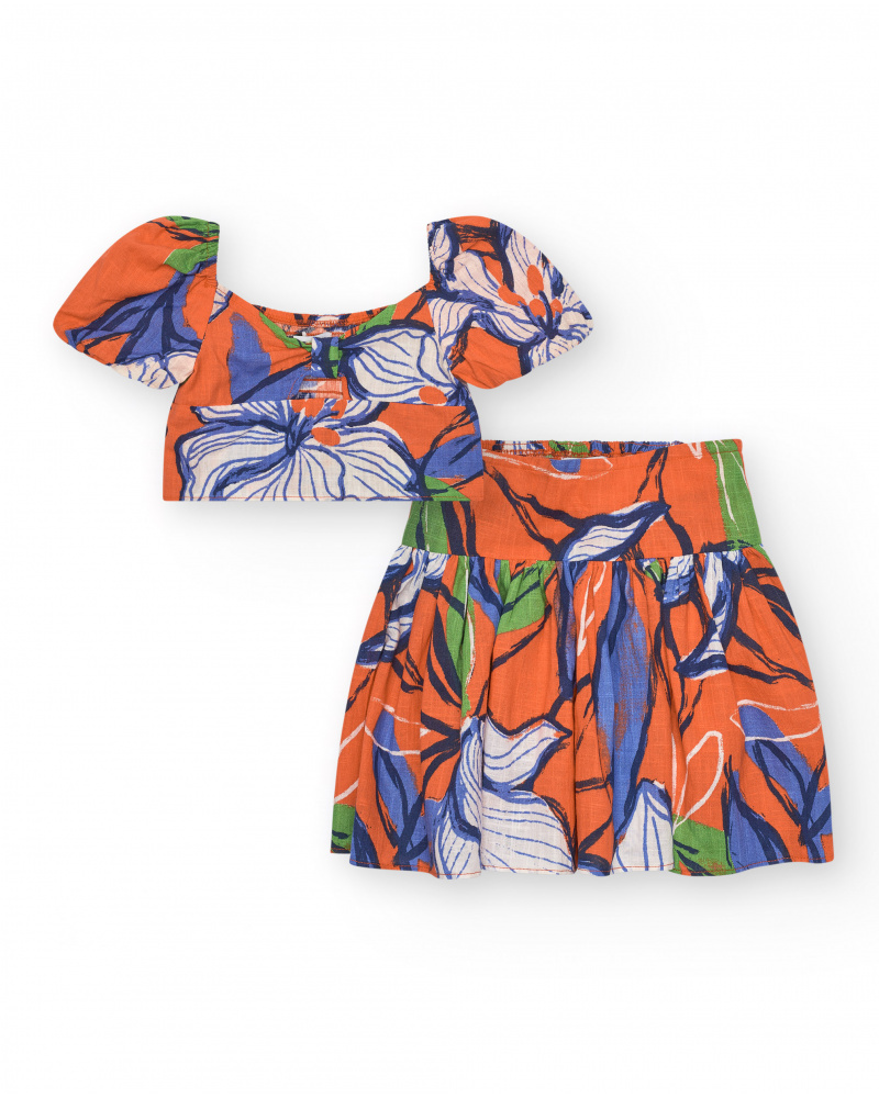 Conjunto de camisa corta y falda para niña en naranja y azul