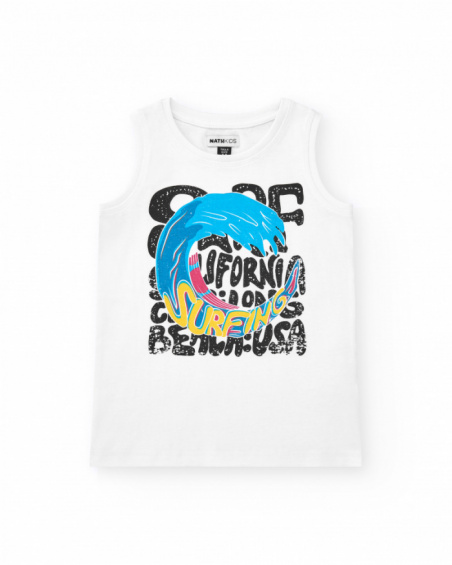 Camiseta para niño en blanco con grafico de ola y letras negras