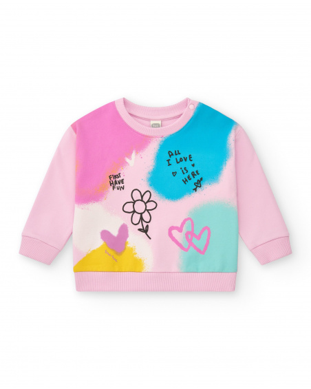 Sudadera para niña en rosa con estampado multicolor y mensajes Sudadera para niña en rosa con estampado multicolor y mensajes