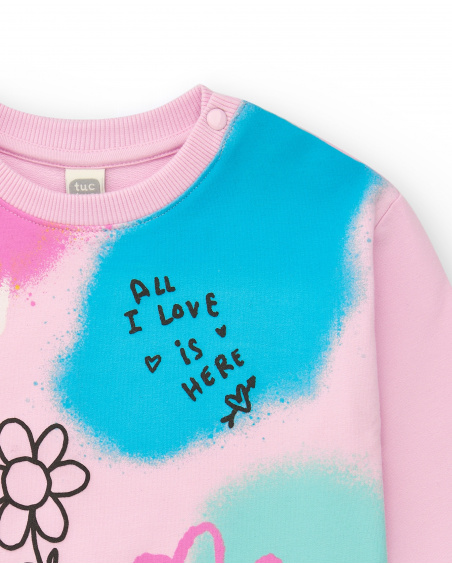 Sudadera para niña en rosa con estampado multicolor y mensajes Sudadera para niña en rosa con estampado multicolor y mensajes