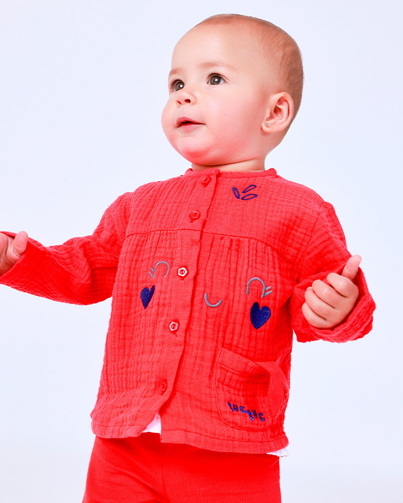 Conjunto para niña con camiseta de medusas, leggings rojos y chaqueta bordada