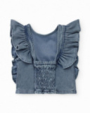 Blusa niña en denim azul con volantes en los hombros Blusa niña en denim azul con volantes en los hombros