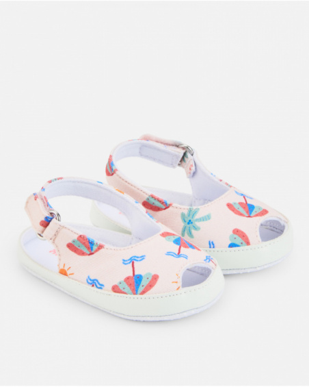 Sandalias de bebé niña en rosa claro con estampado veraniego Sandalias de bebé niña en rosa claro con estampado veraniego
