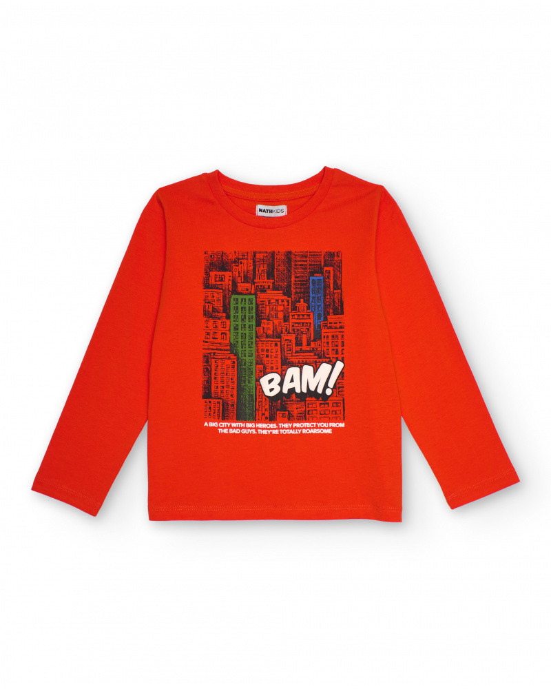 Camiseta de manga larga para niño color naranja con estampado