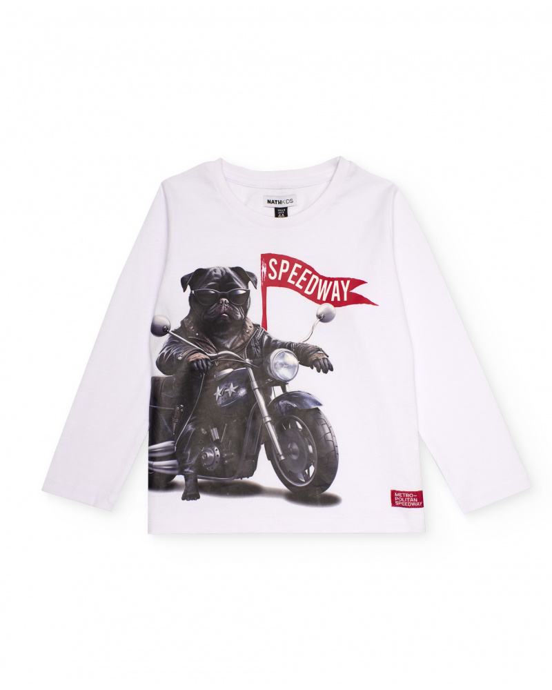 Camiseta blanca de manga larga para niño con estampado de perro