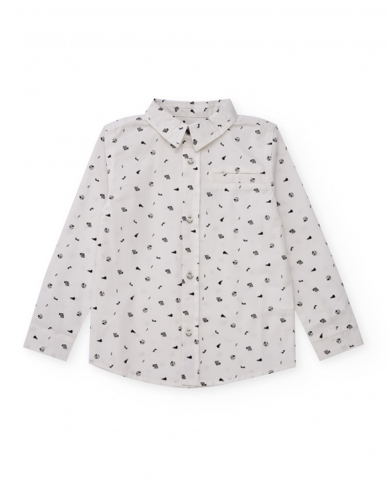 Camisa blanca de manga larga para niño con estampado pequeño