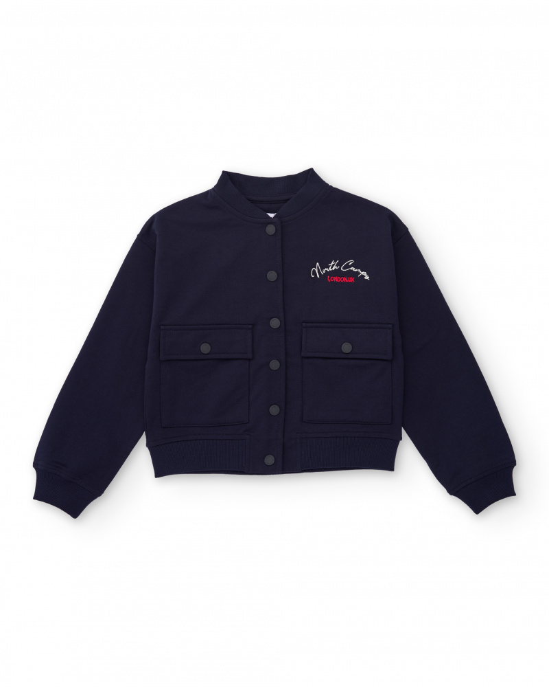 Chaqueta azul marino de felpa para niña con bordado frontal