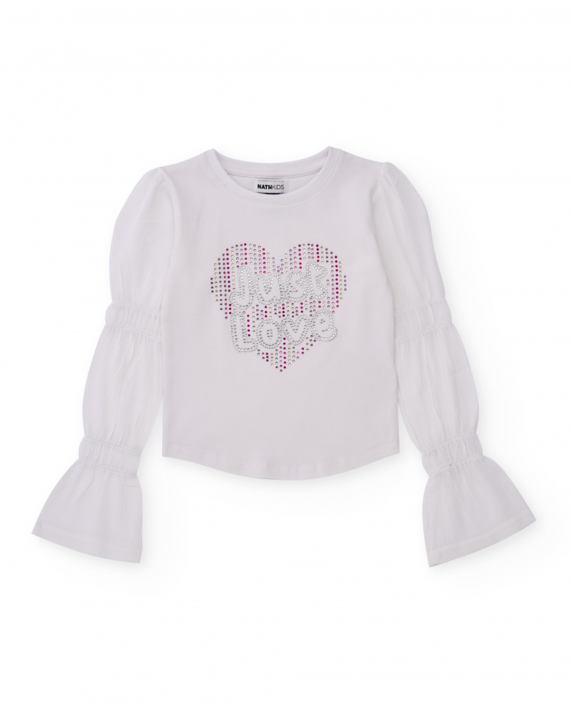 Camiseta blanca para niña con aplicaciones y mangas acampanadas