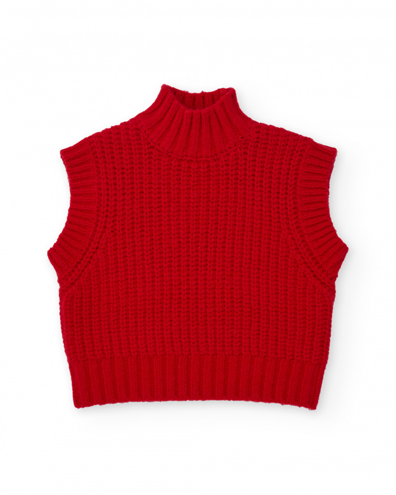 Chaleco de punto rojo para niña con cuello alto