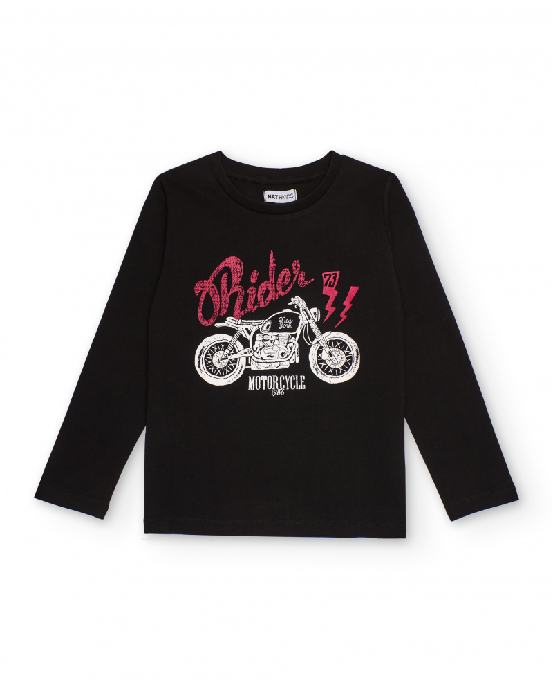 Camiseta negra de manga larga para niño con estampado de