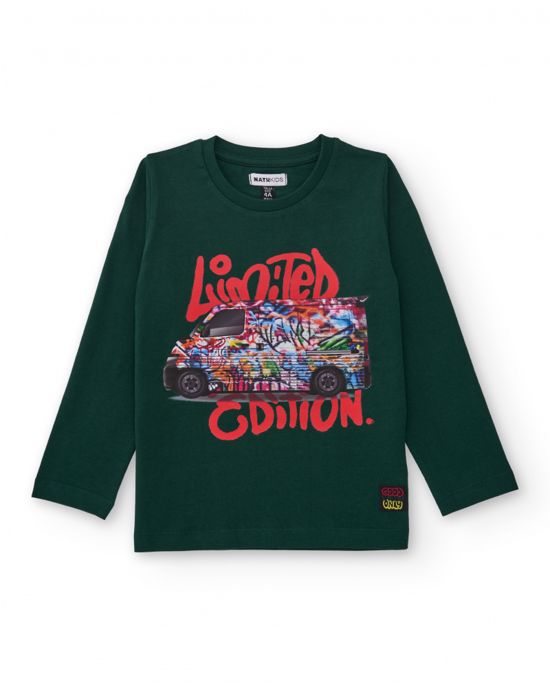 Camiseta verde de manga larga con estampado de furgoneta