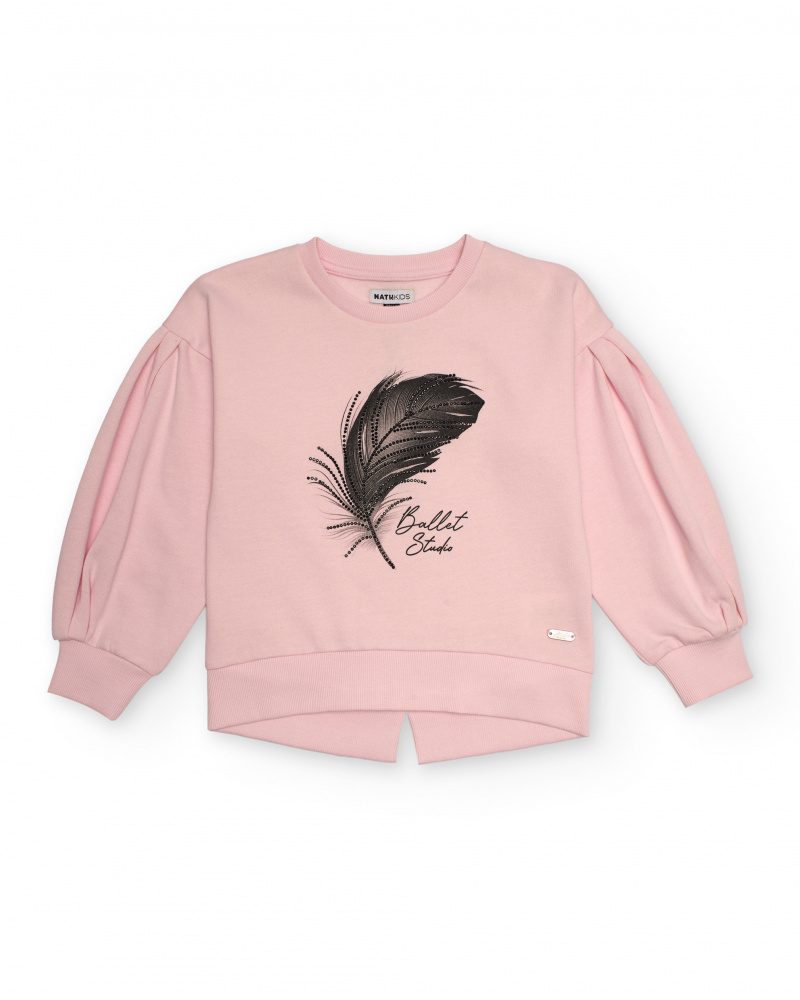 Sudadera rosa de niña con pliegues y estampado de pluma