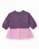Vestido morado para niña con falda de tul rosa y detalles de