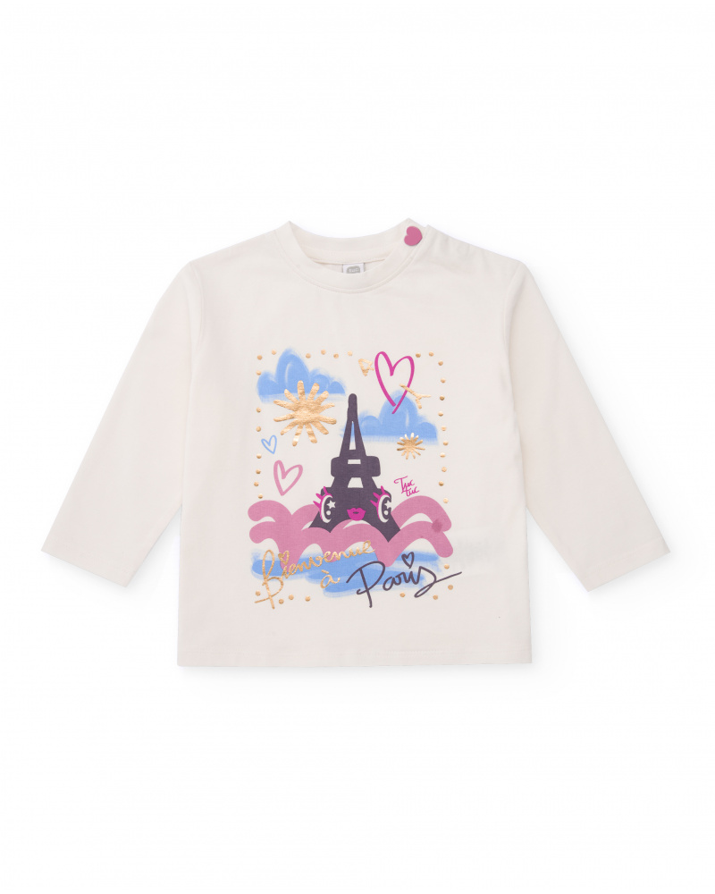 Camiseta para niña color marfil con estampado de Torre Eiffel y