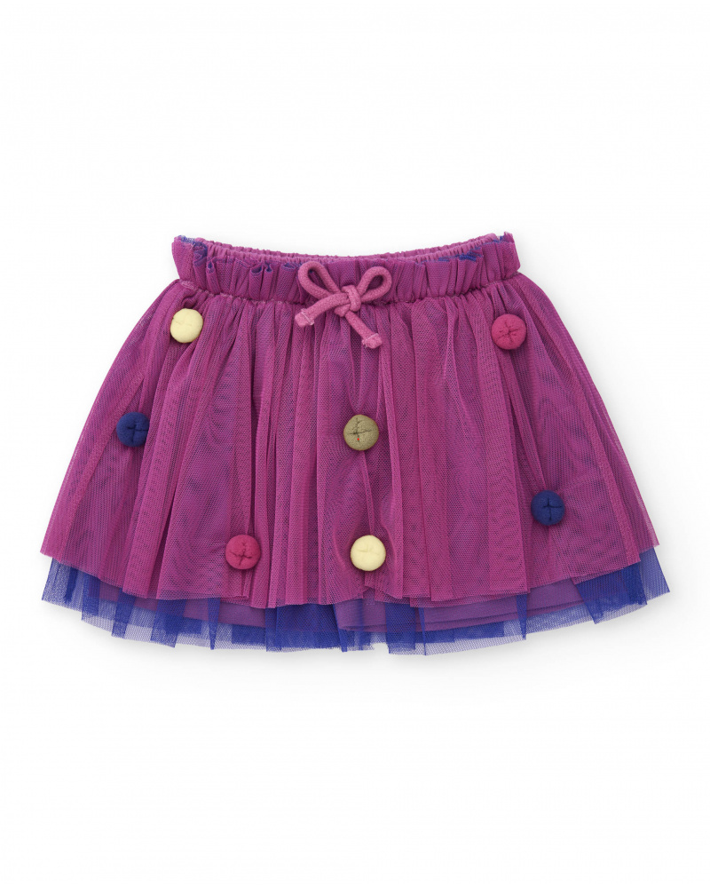 Falda de tul para niña en color fucsia con apliques de botones