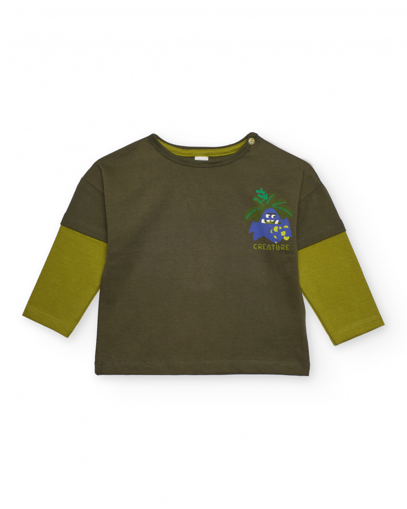 Camiseta de manga larga para niño en verde oliva con estampado