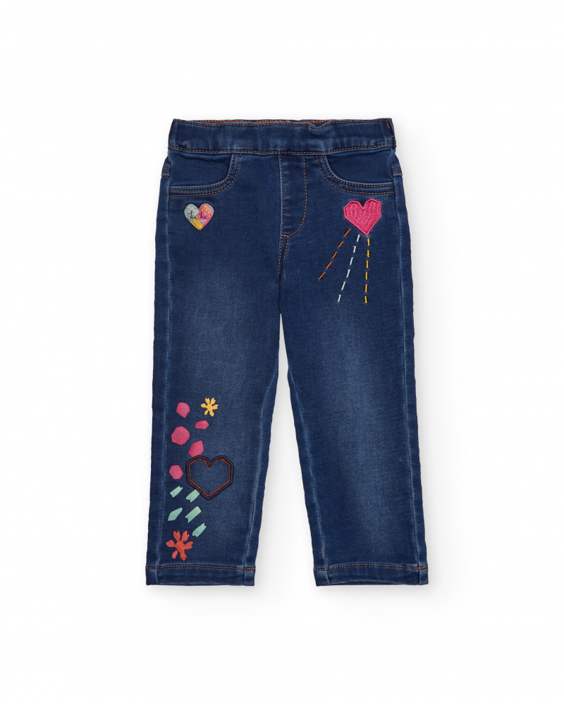 Jeggings de mezclilla para niña con bordados de corazones y