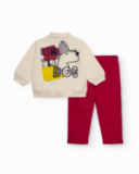 Conjunto para niño en crudo y burdeos con estampado de perro