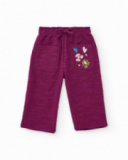 Pantalón ancho de felpa para niña en burdeos con bordado de