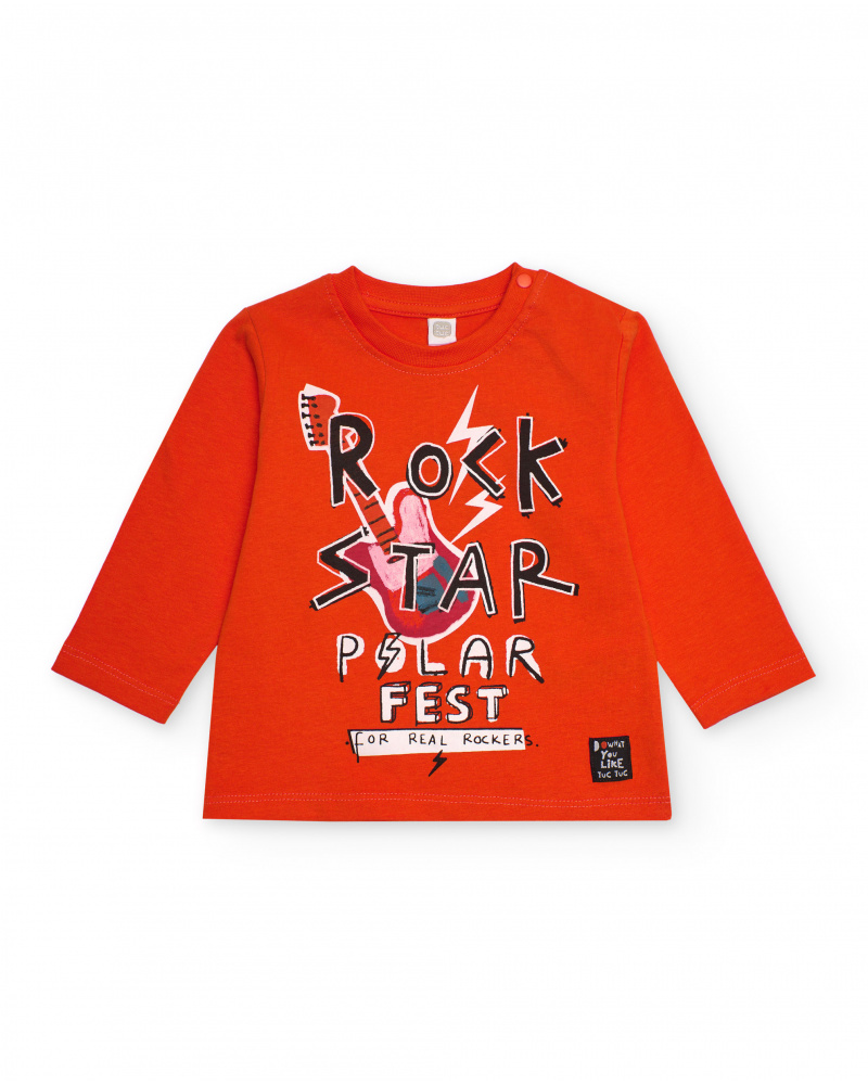 Camiseta para niño de manga larga en rojo con estampado rockero