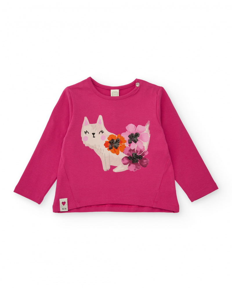 Camiseta de niña fucsia con estampado de gato y flores