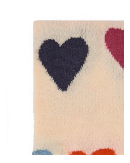 Bufanda para niña en beige con estampado de corazones y pompones