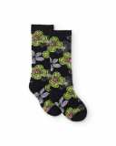 Calcetines para niña en negro con flores grandes en verde y