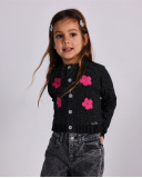 Chaqueta de punto para niña en negro con flores fucsias Chaqueta de punto para niña en negro con flores fucsias