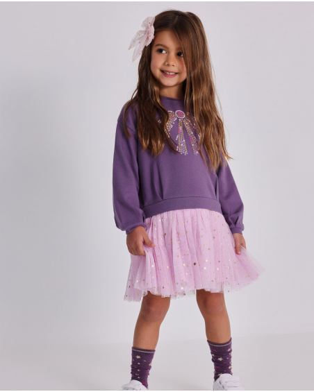 Vestido morado para niña con falda de tul rosa y detalles de