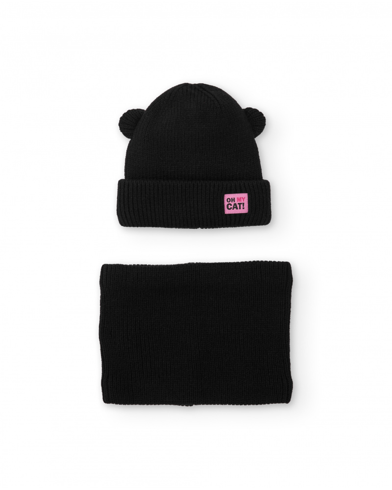 Set de gorro y braga de niña en punto negro con orejitas