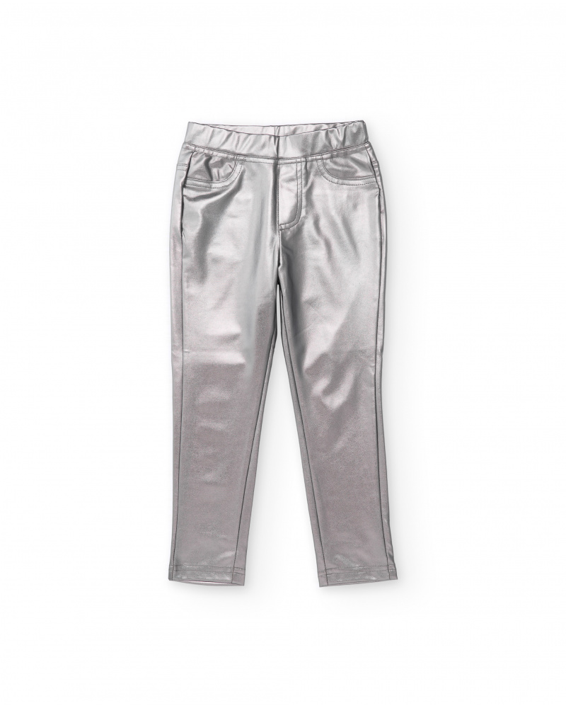 Pantalón de niña plateado con efecto metalizado y bolsillos
