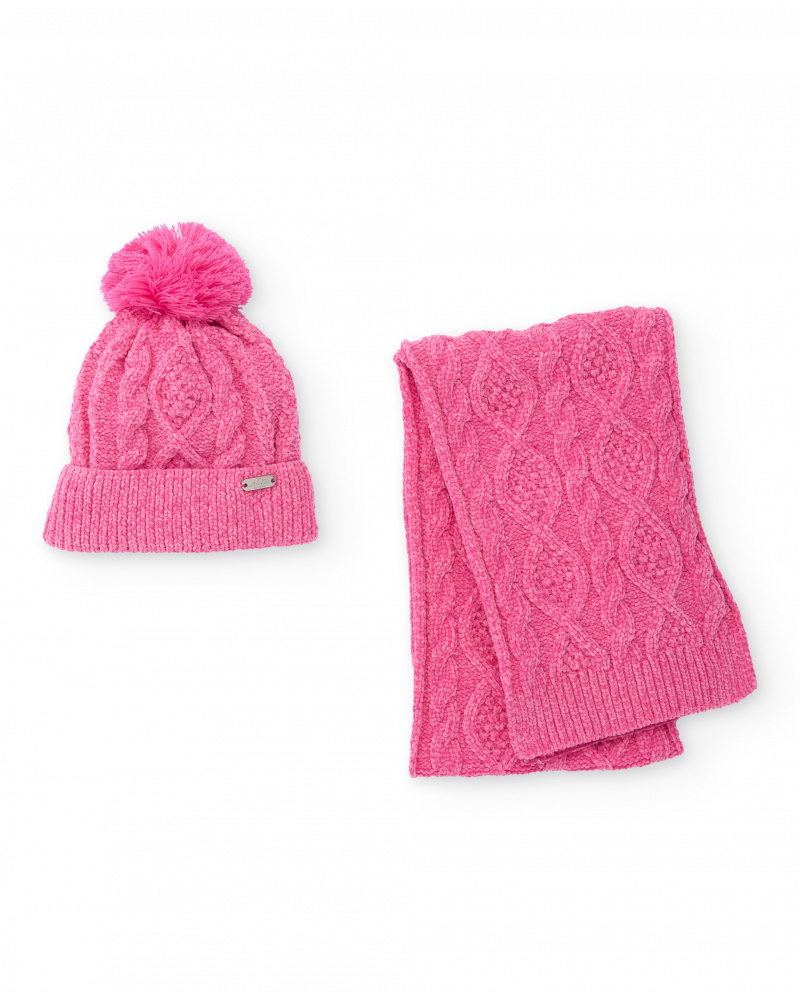 Set de niña gorro y bufanda rosa de punto trenzado con pompón